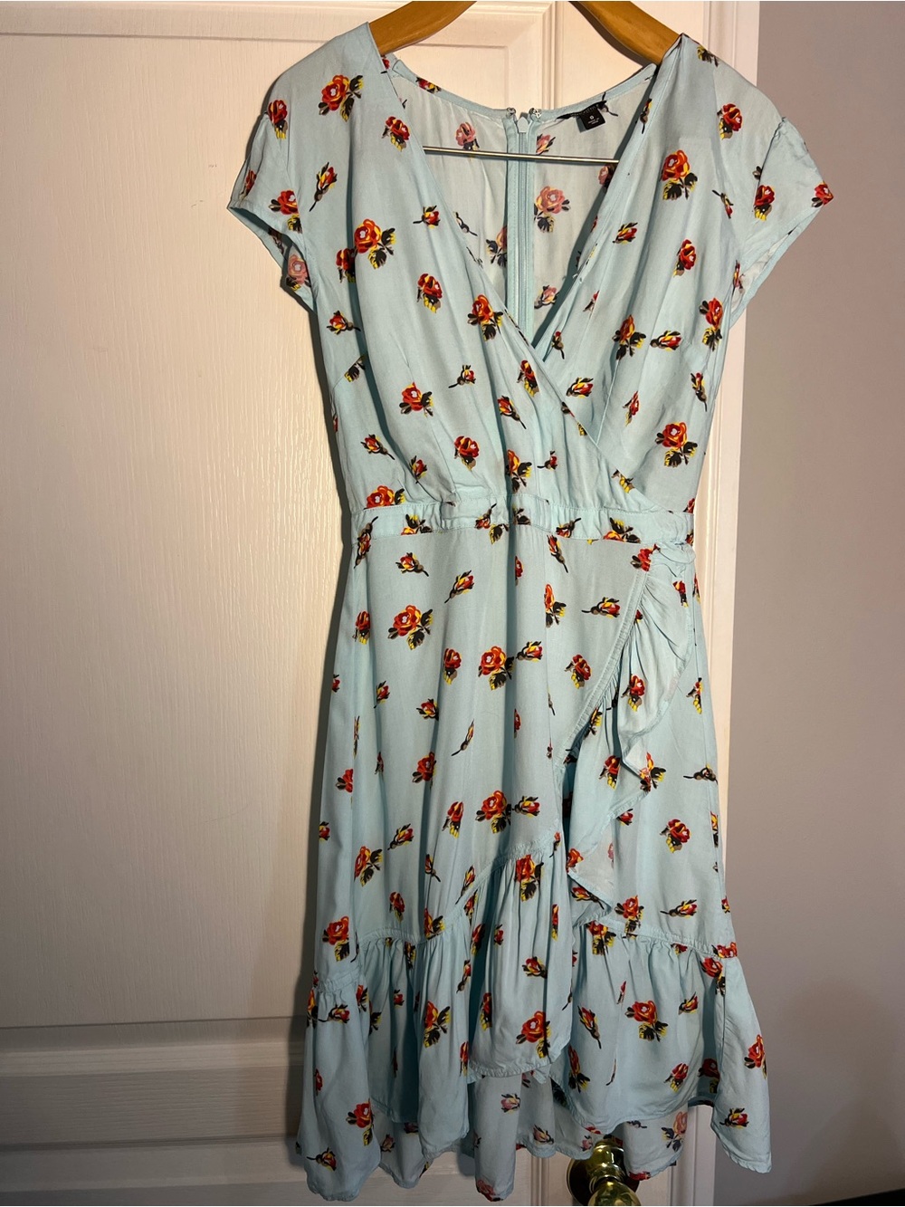 J.Crew Mercantile - Light Blue Floral Wrap Dress with Red Rose Print